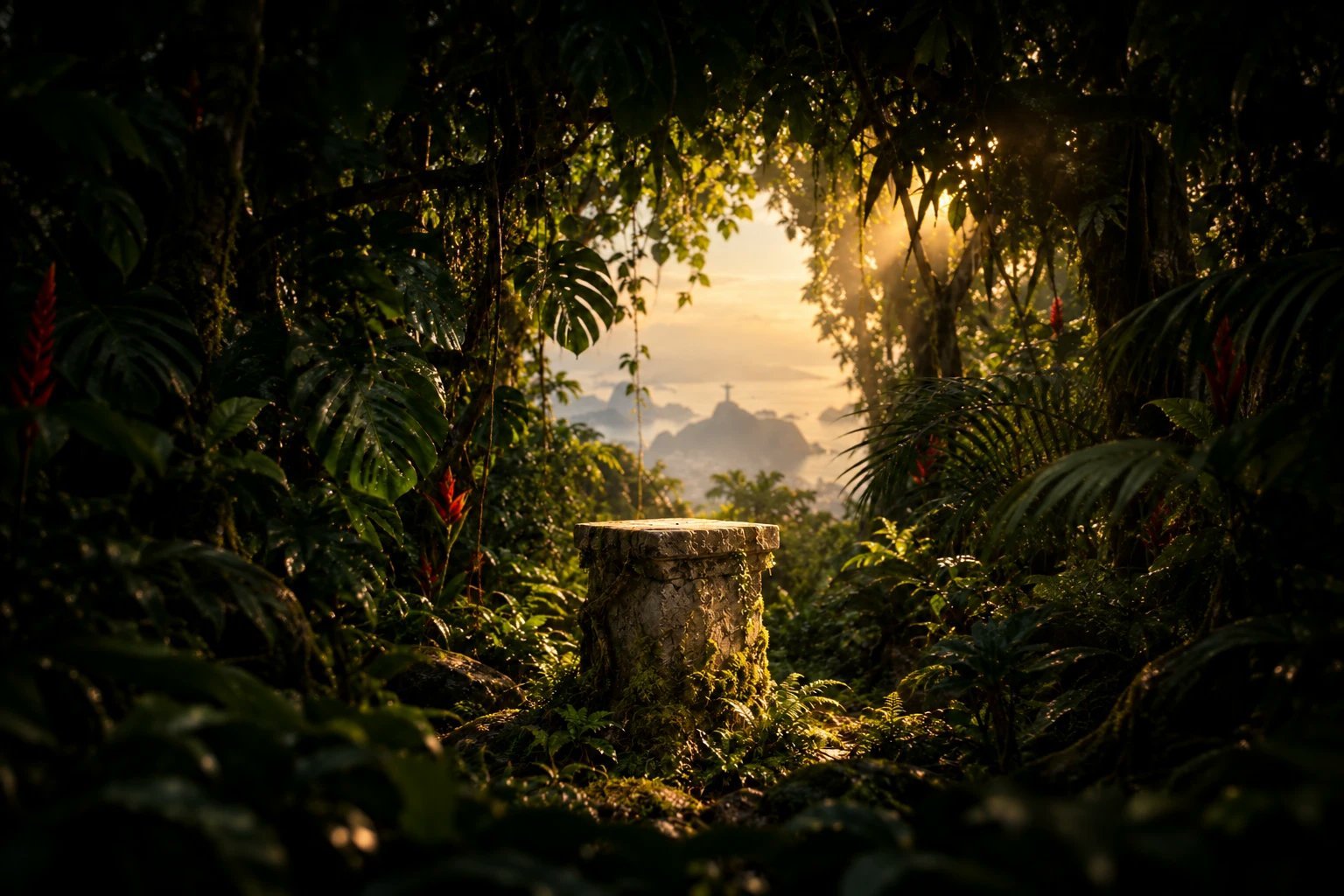 A mossy stone pedestal in a rainforest clearing high above Rio de Janeiro, Christ the Redeemer and Guanabara Bay hazy in the distance at golden hour.